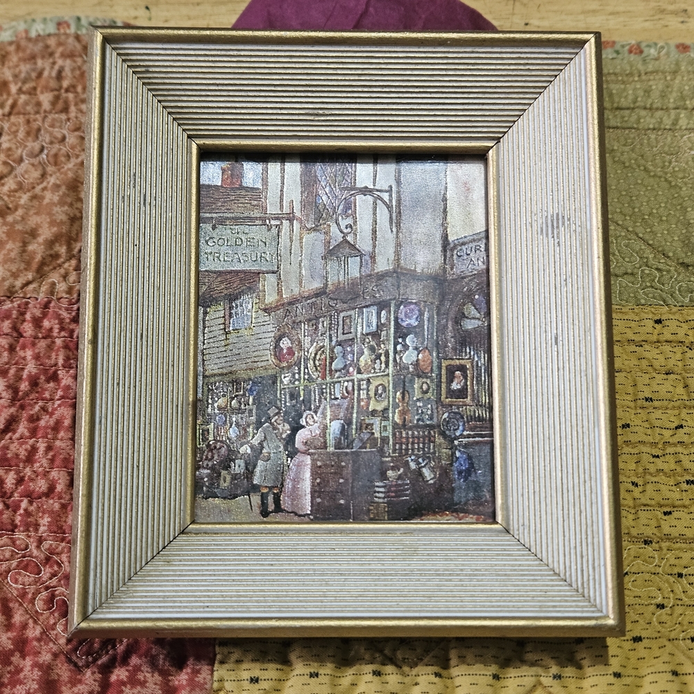 Vintage Metallic Foil Art Ernest Udon Antiques Store Village Wooden Framed